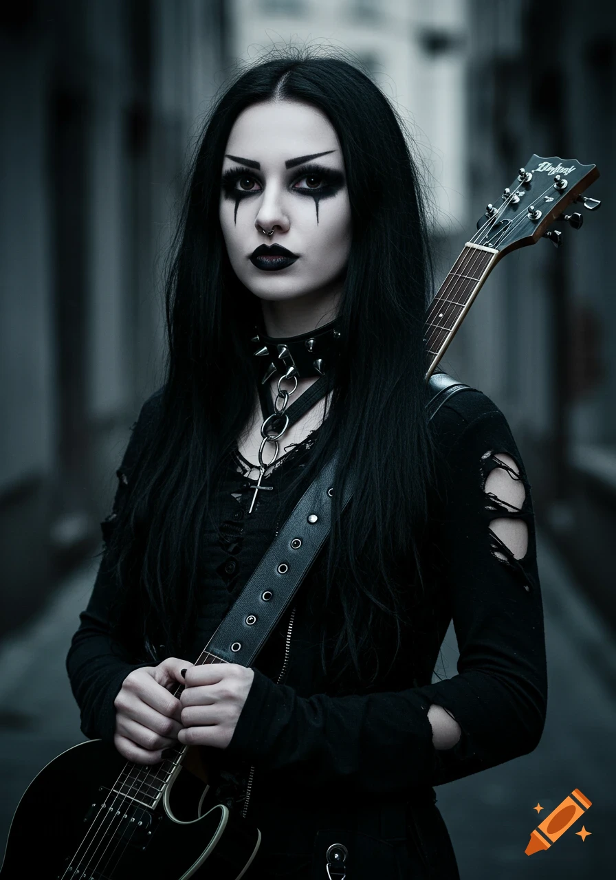 A portrait of a goth girl with dark hair and makeup, holding a guitar and wearing torn clothing, standing in an alley.