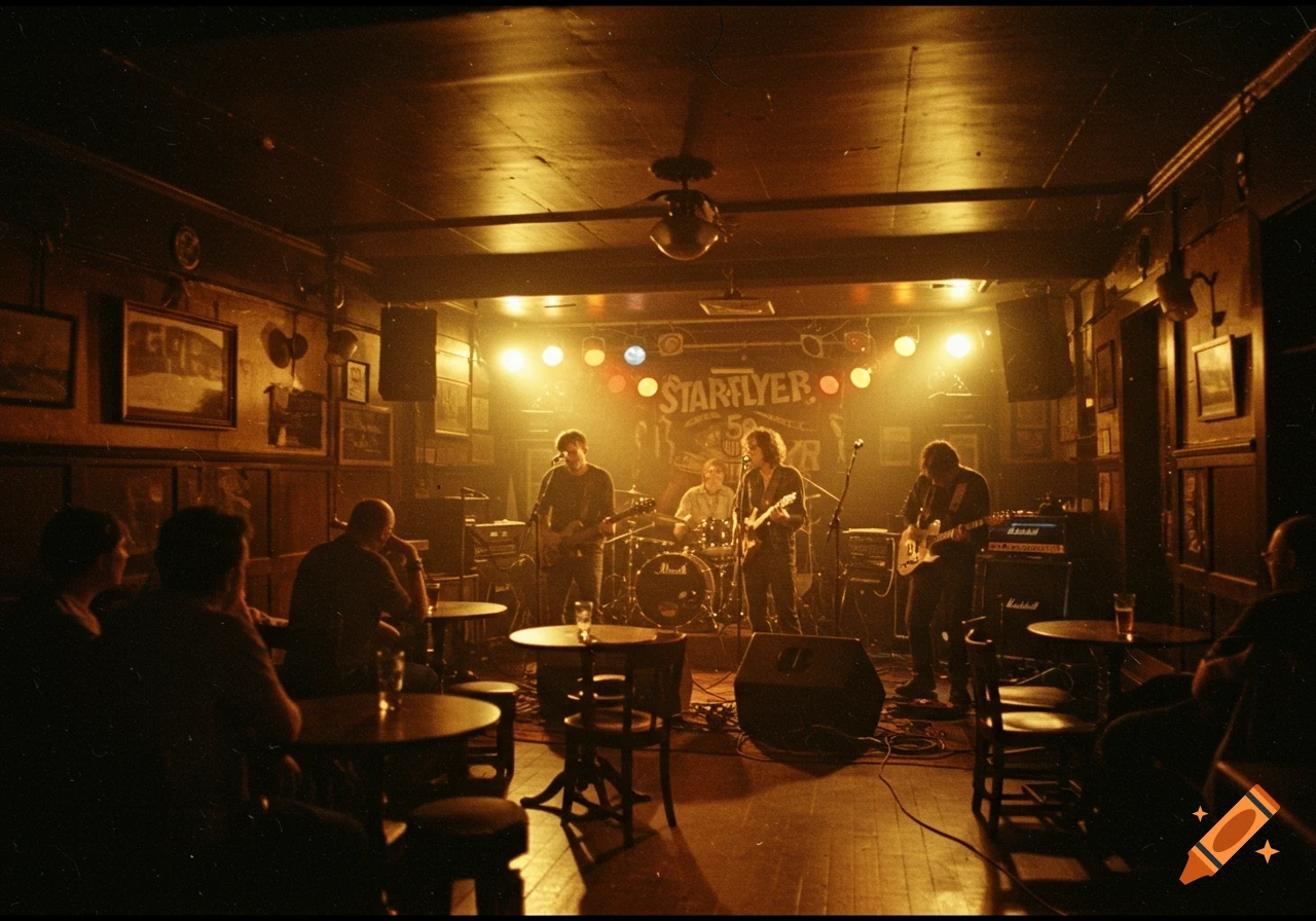 A band plays on a stage under bright lights in a dimly lit, wood-paneled pub.