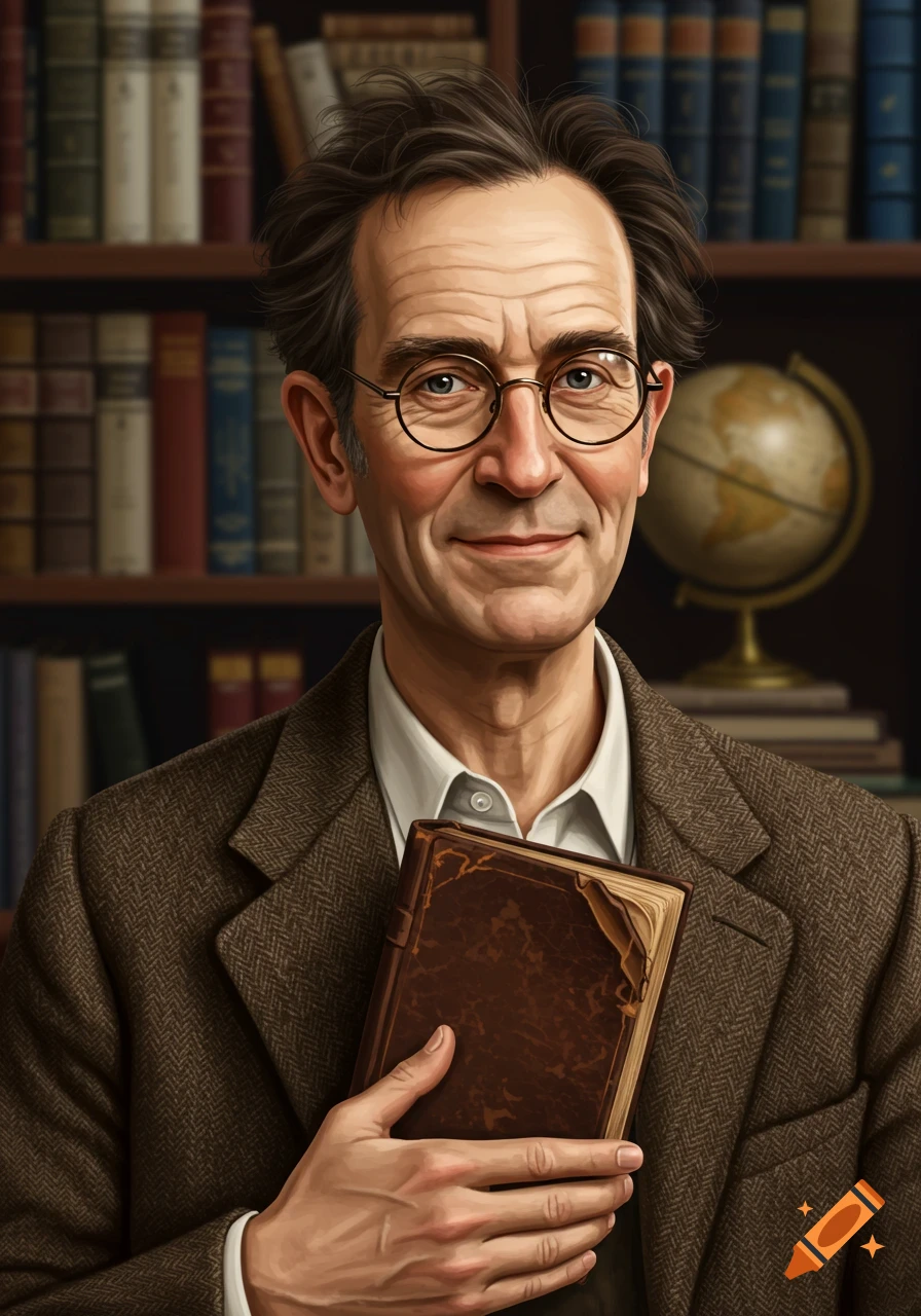 Portrait of an older man with glasses holding a book in a library