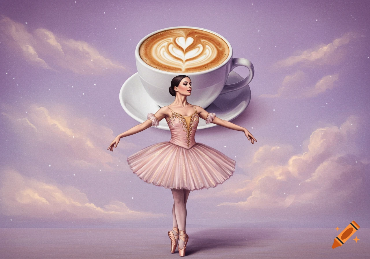 A ballerina in a pink tutu dances with a giant cappuccino floating above her head against a purple cloudy sky.