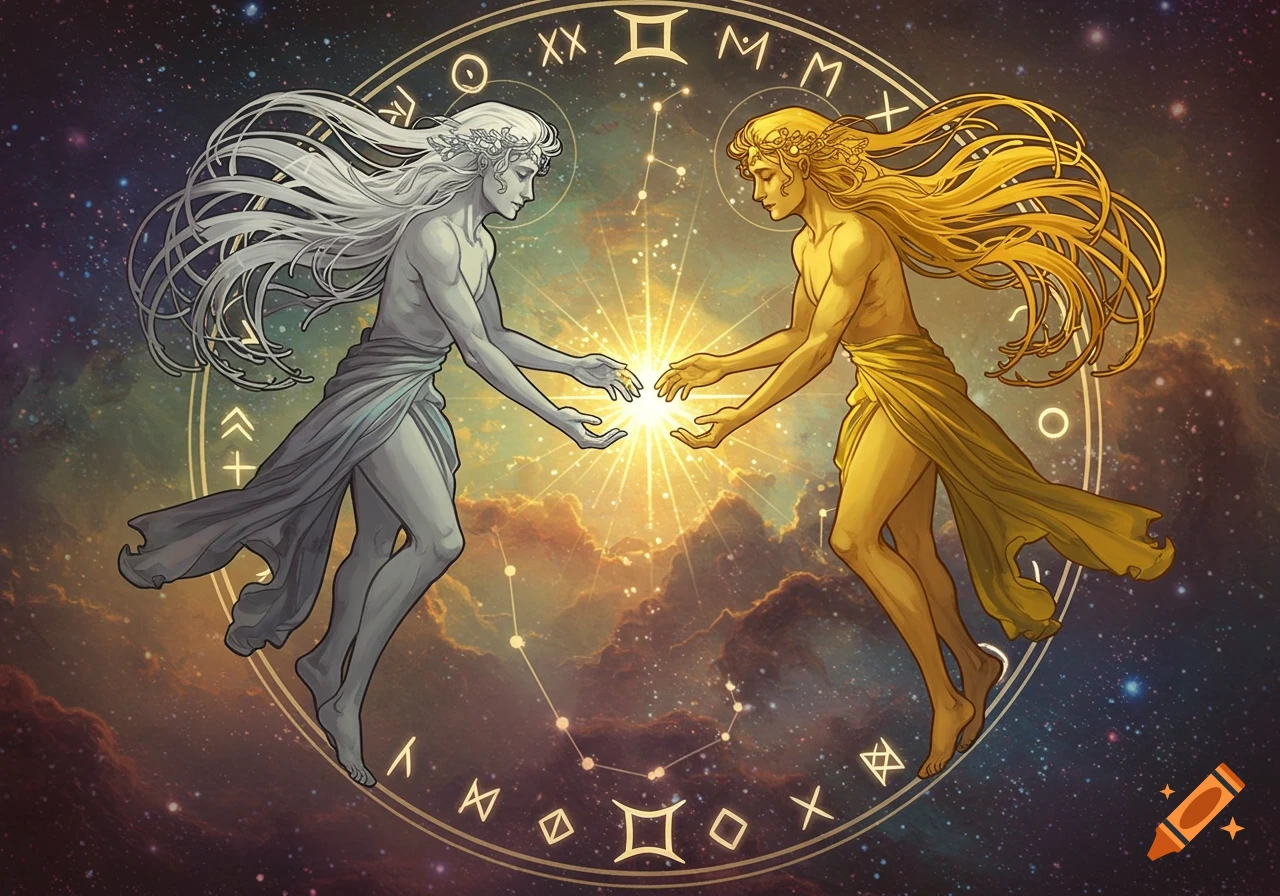 Art nouveau illustration of silver and gold Gemini spirits floating in space, reaching towards a light, surrounded by symbols.