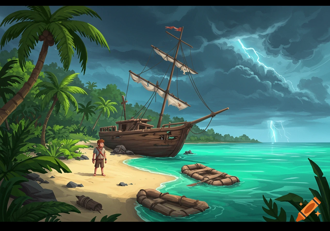 Illustration of a boy on a beach with a shipwreck under a stormy sky with lightning, two rafts float nearby.