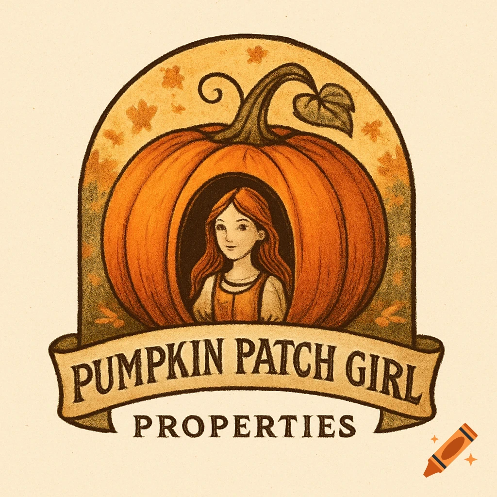 Illustration of a logo featuring a girl peeking from inside a pumpkin, with fall leaves and the text 'Pumpkin Patch Girl Properties'.