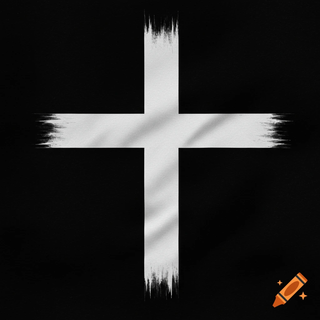 A white cross with brush stroke edges on a black fabric background.