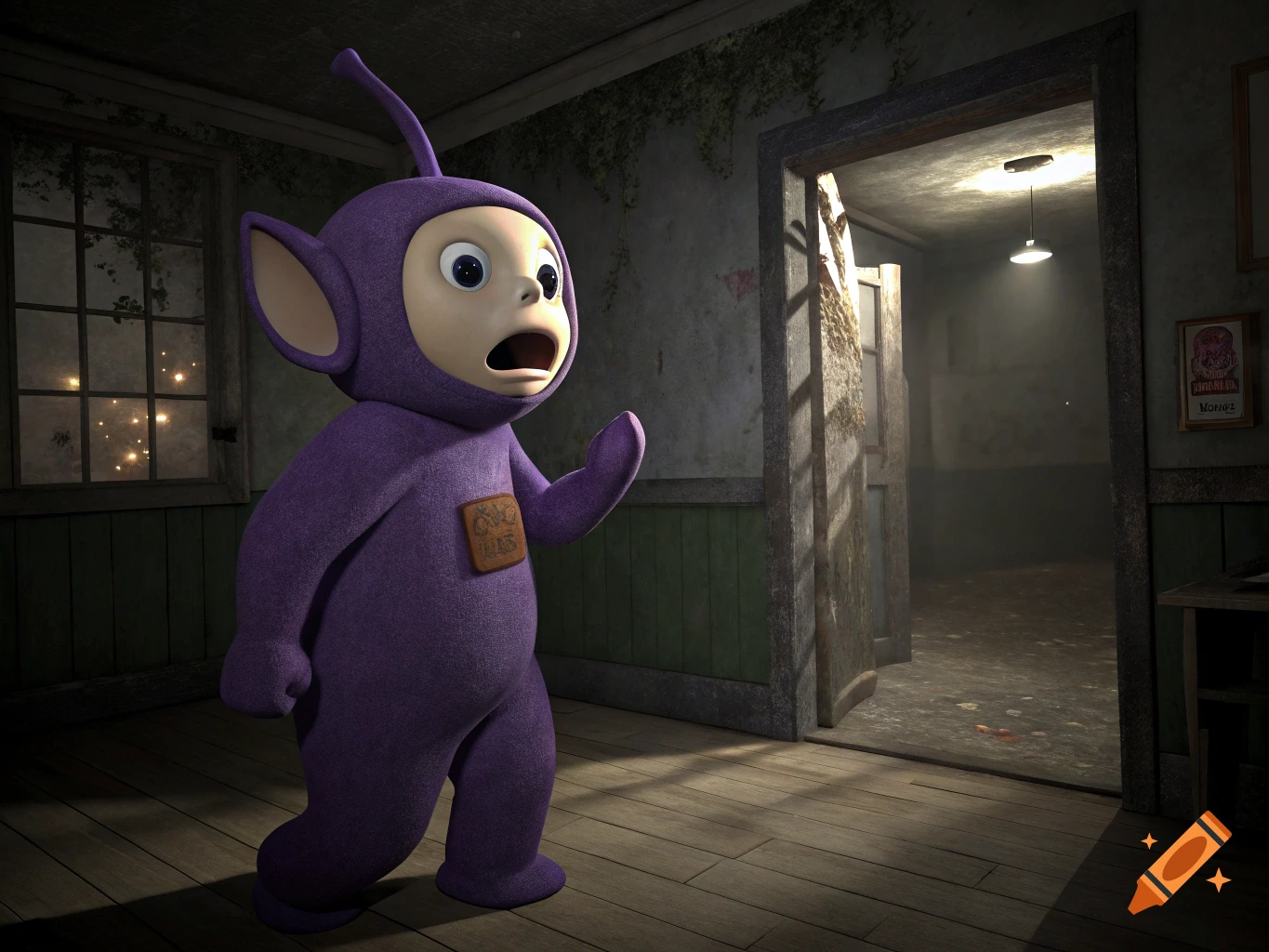 A purple Teletubby with a shocked expression stands in a dark, creepy room, looking towards an open doorway.