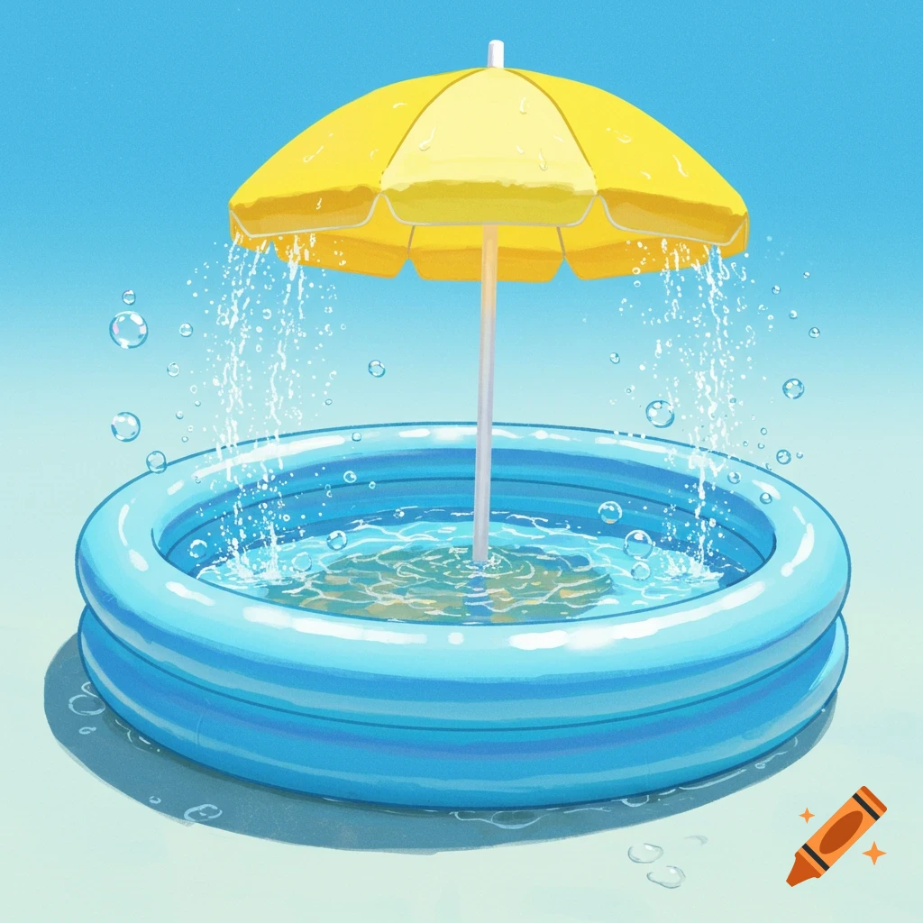 A yellow umbrella over an inflatable pool with water splashing out, illustration