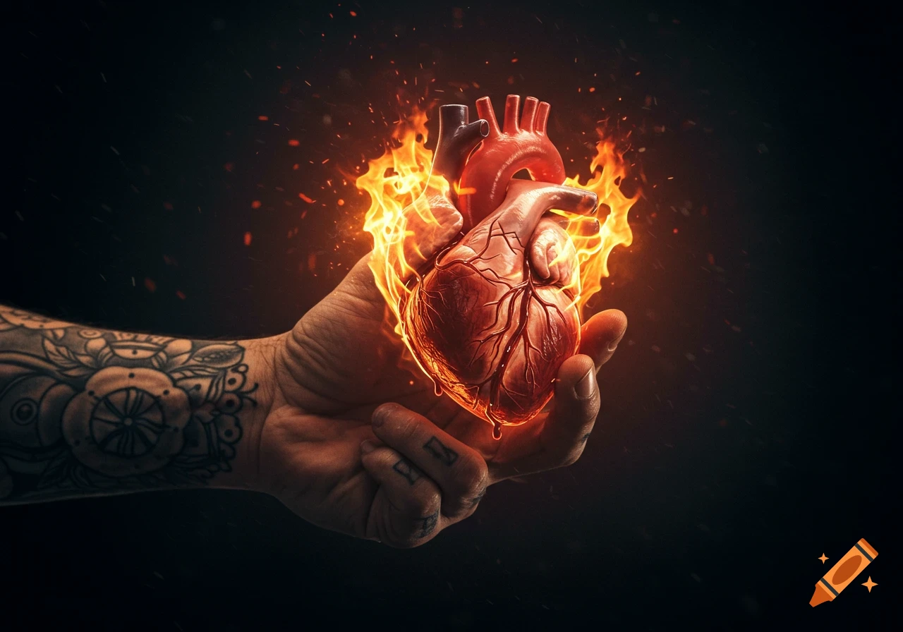 Hand holding a flaming anatomical heart on a dark background, dramatic lighting