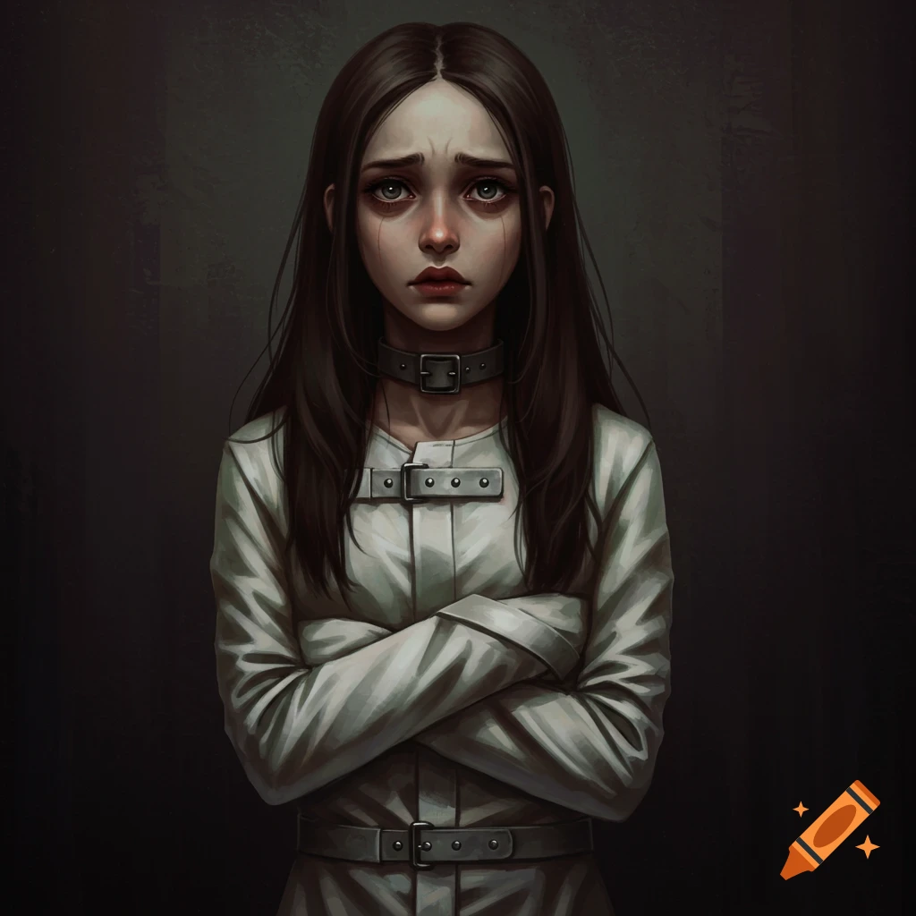 Portrait of a sad girl with dark hair wearing a straightjacket.