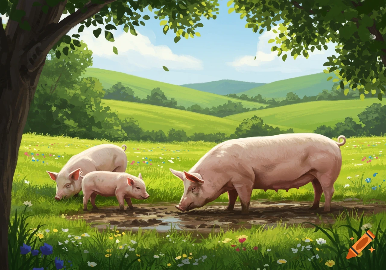 Three pigs in a green field with hills and trees under a blue sky.