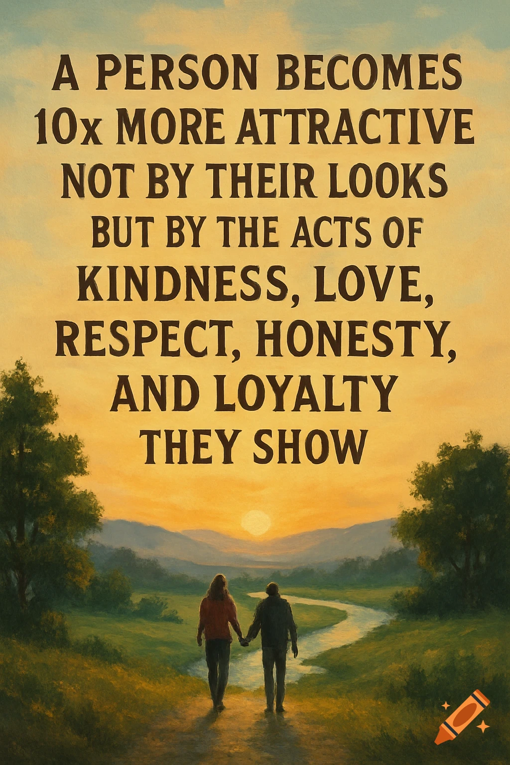Couple walking through a sunset landscape with an inspirational quote about kindness.