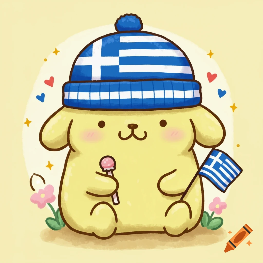 Cartoon Pompompurin wearing a Greek flag beanie and holding a Greek flag and a lollipop.