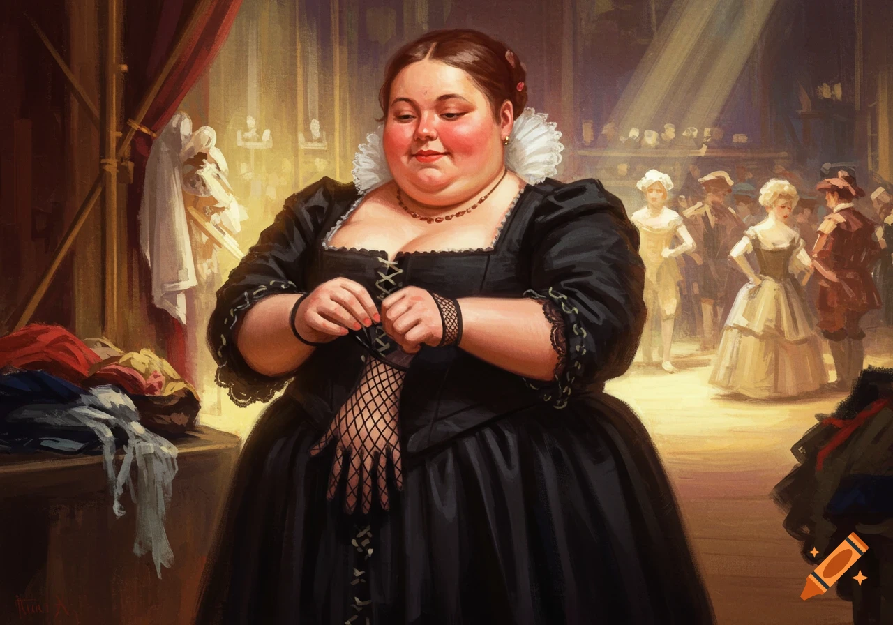 Painting of woman in black Renaissance dress putting on gloves backstage in theatre.