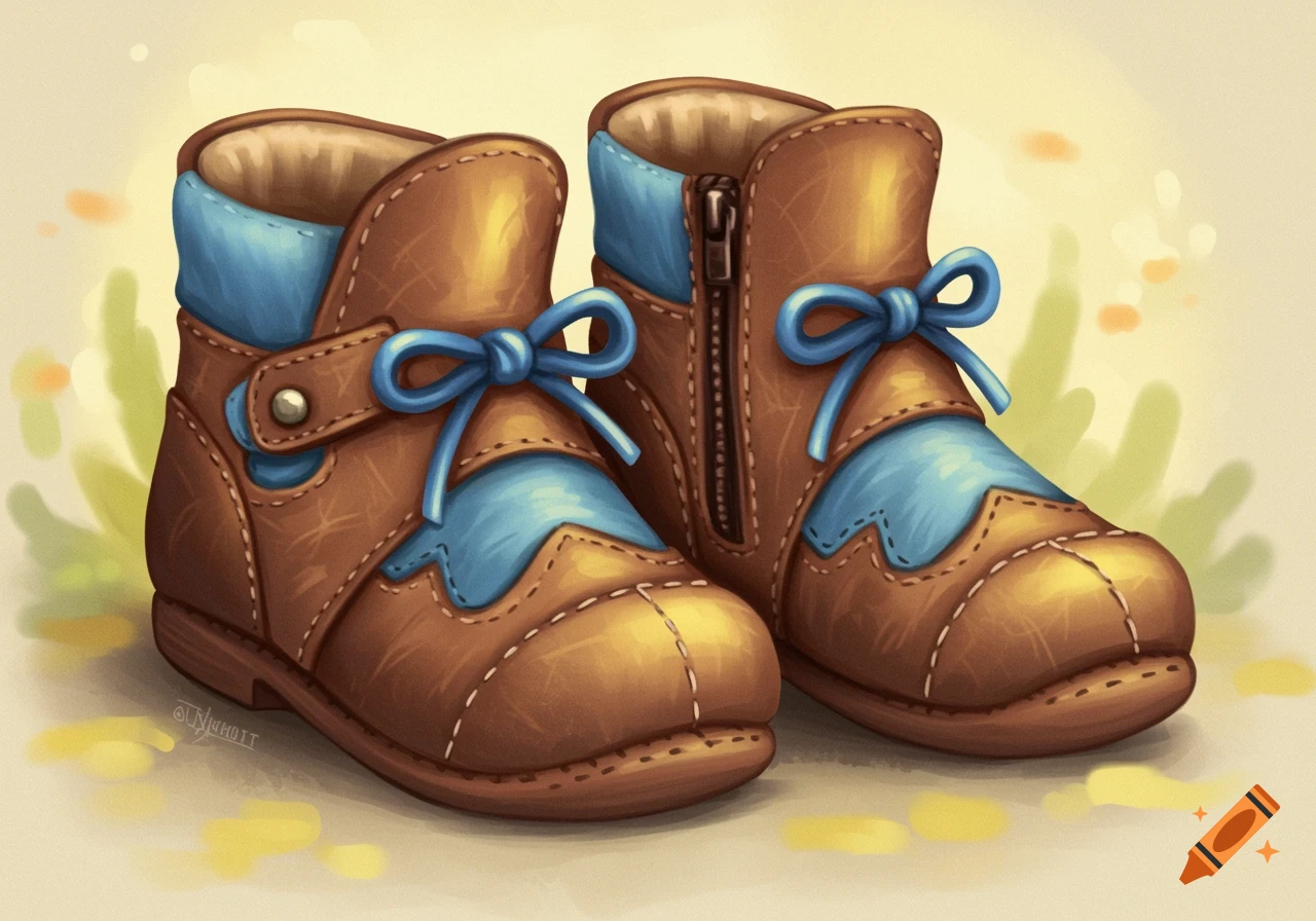 Pair of brown and blue baby boots with blue bows, illustration style.