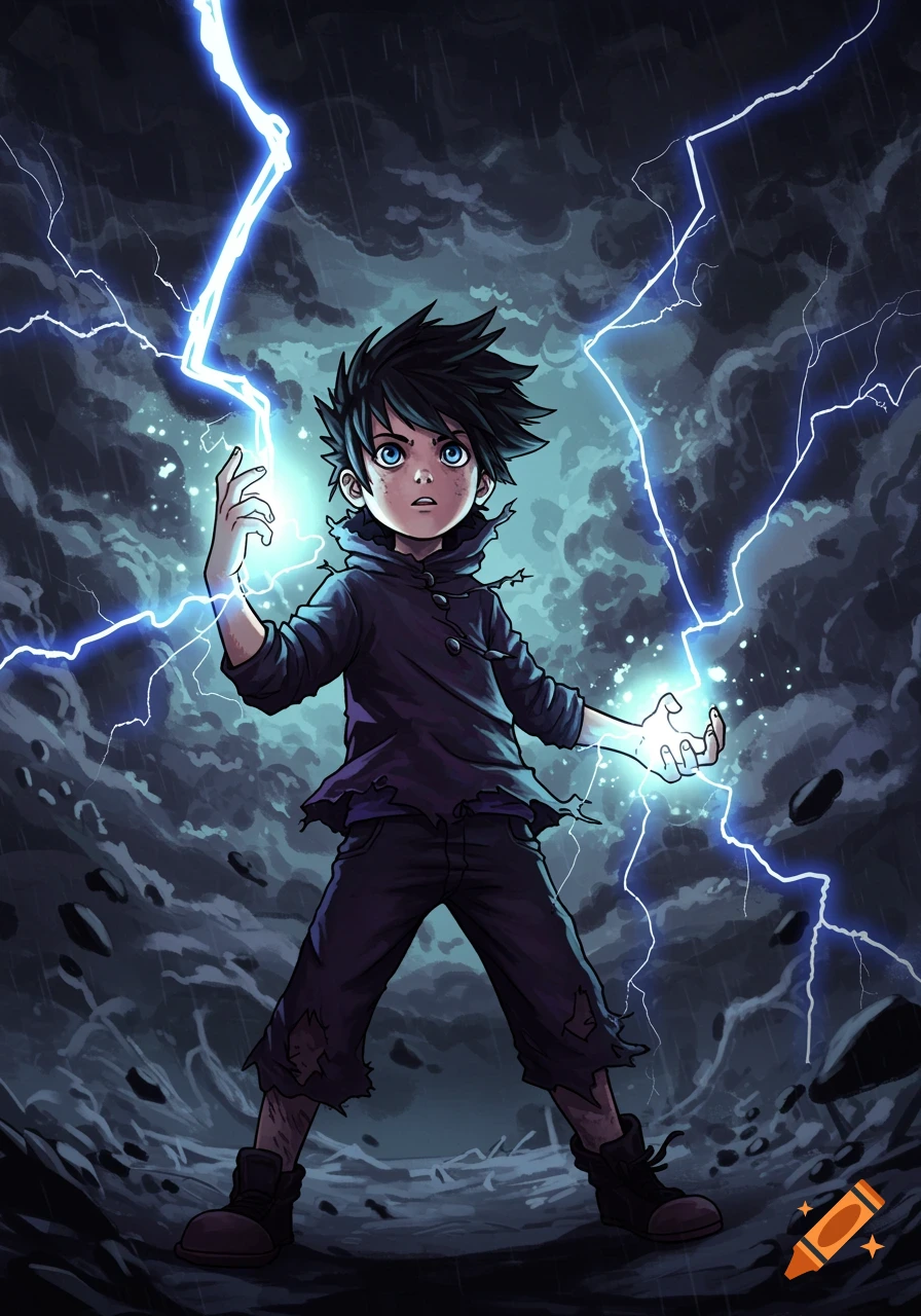 A young boy with blue eyes generates lightning during a storm in an anime art style.