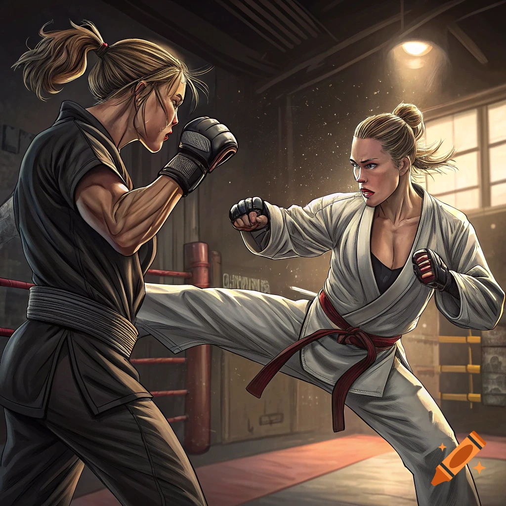 Two female martial artists fighting in a gym, one in black, one in white gi, delivering a kick.