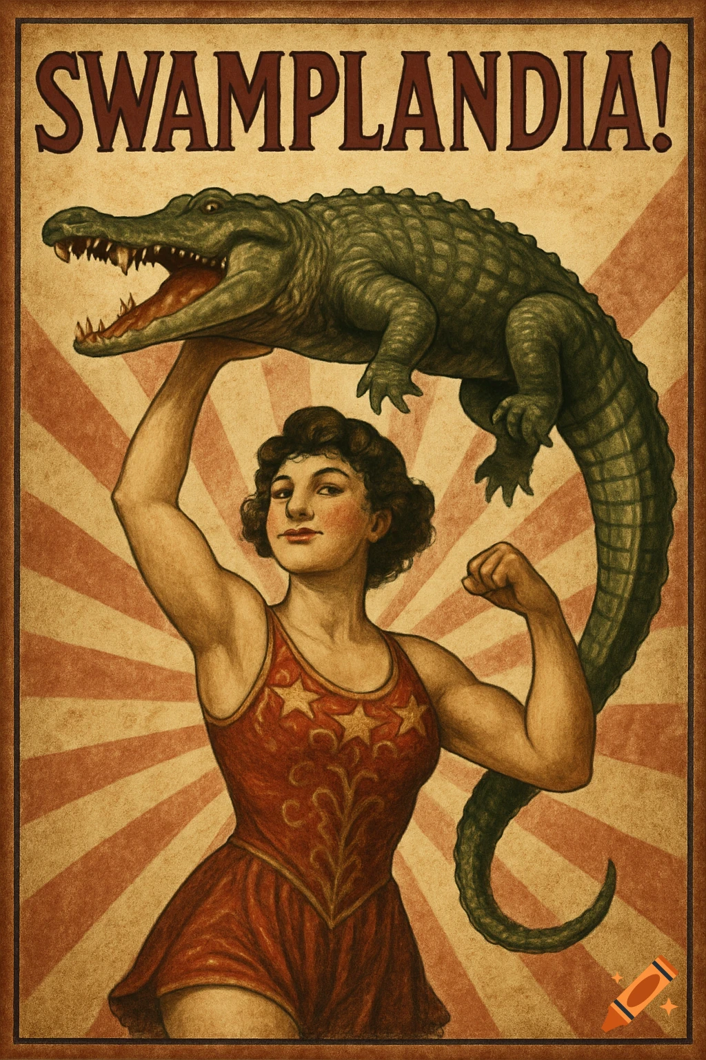Vintage circus poster of a woman holding an alligator over her head with text 'Swamplandia!'