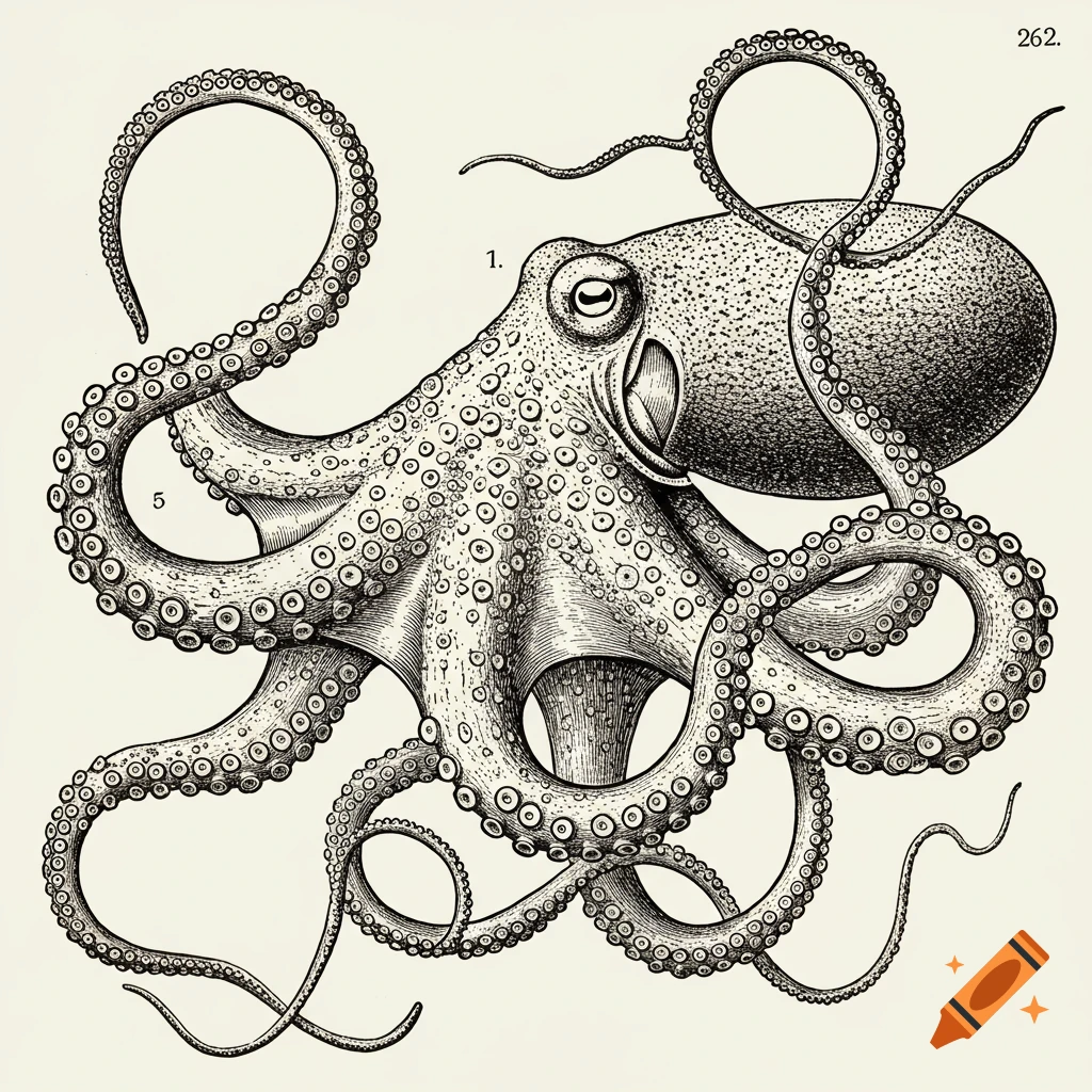 Black and white vintage scientific illustration of an octopus.