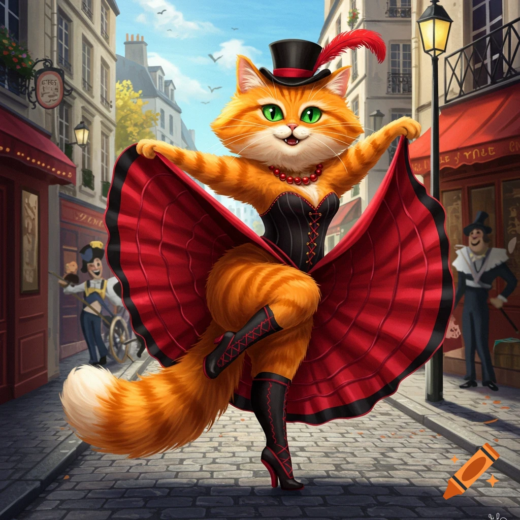 An orange cartoon cat wearing a top hat and can-can dress dances in a Paris street.