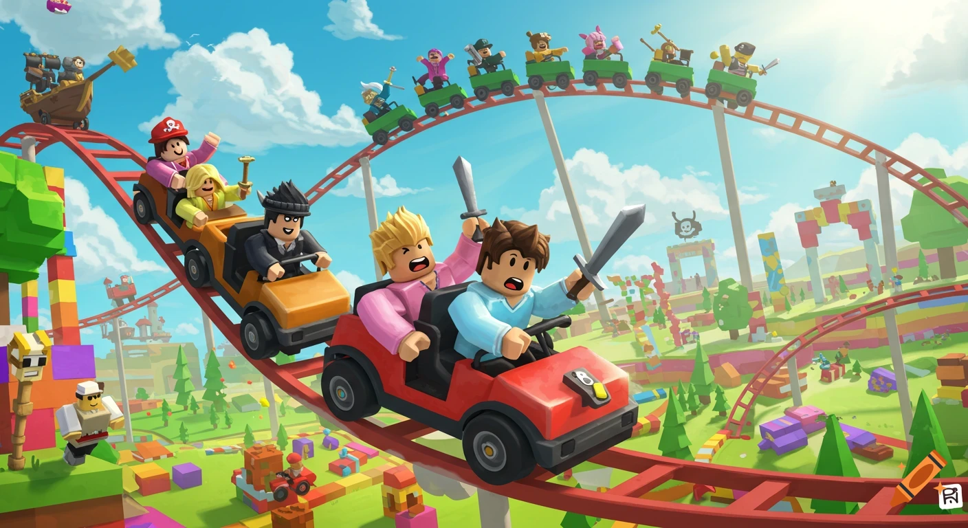 Roblox-style characters ride a rollercoaster through a colorful blocky theme park.