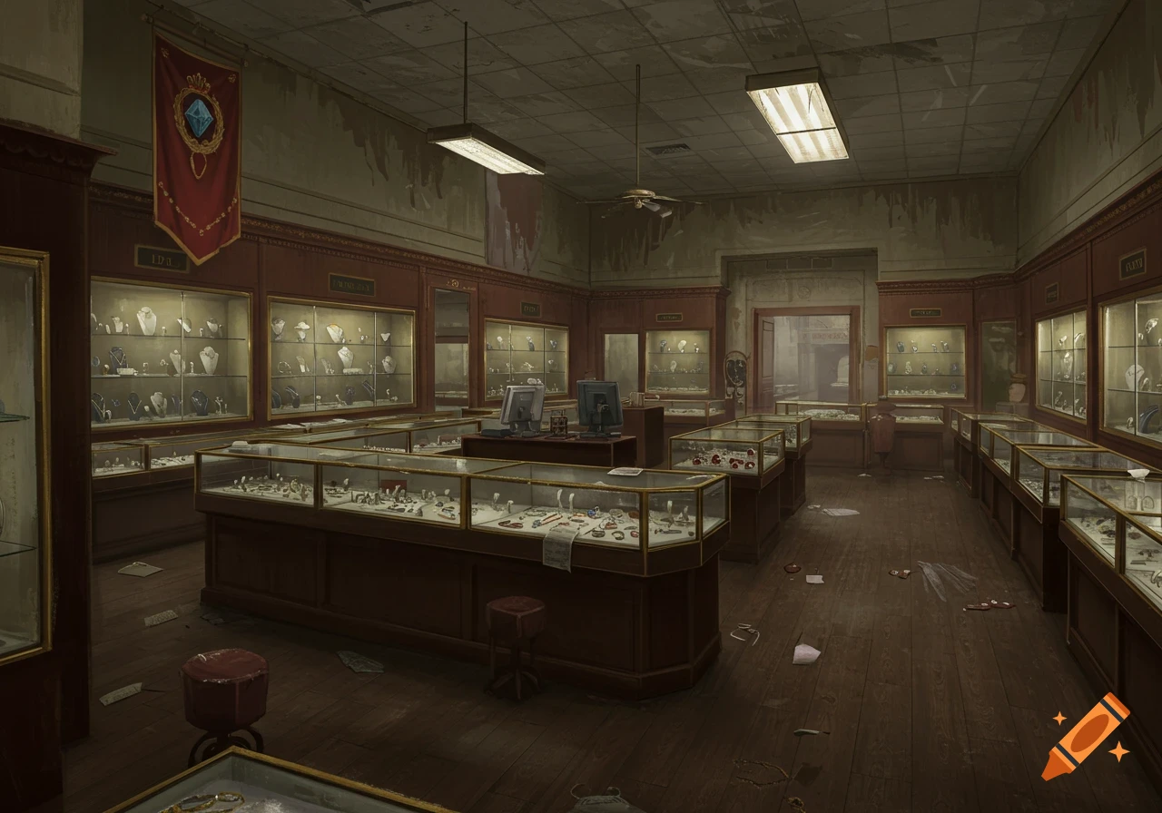 Interior view of a run-down jewelry store with messy display cases and merchandise scattered on the floor.
