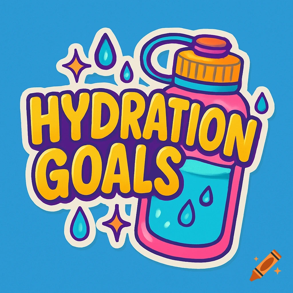 A colorful cartoon sticker of a water bottle with the text 'HYDRATION GOALS'.