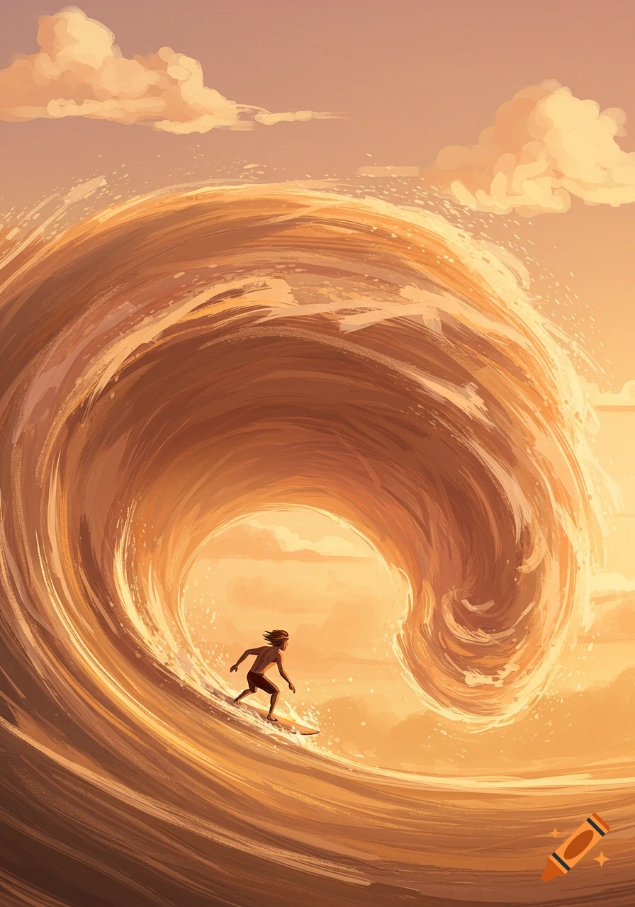 A person surfs inside a large barrel wave at sunset in an illustrative style.