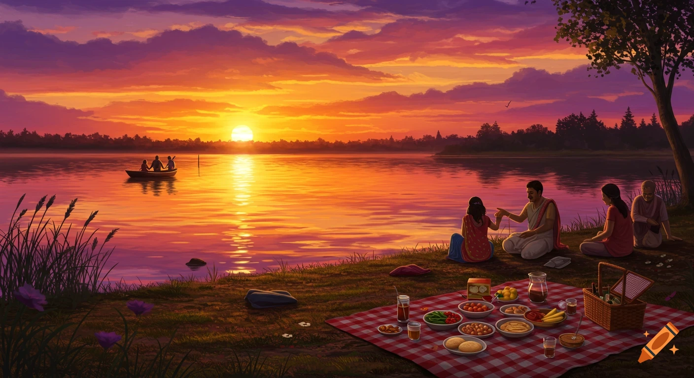 People having a picnic by a lake at sunset while others boat on the water.