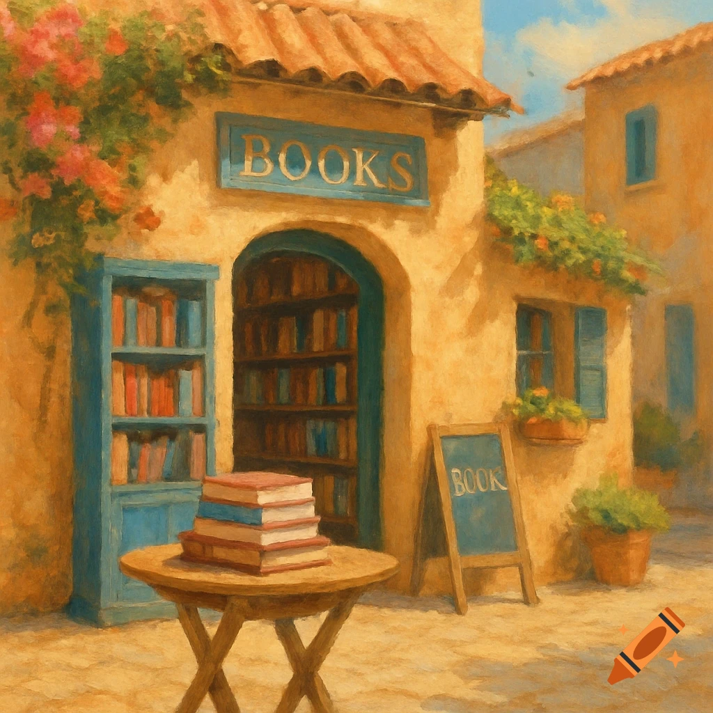 Painting of a Mediterranean bookstore facade with books on a table outside.