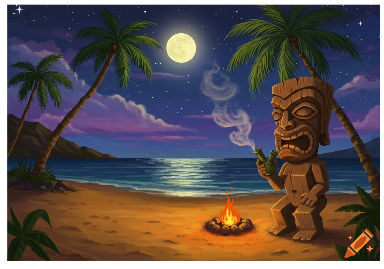 Tiki figure smoking a bong by a campfire on a moonlit beach at night.