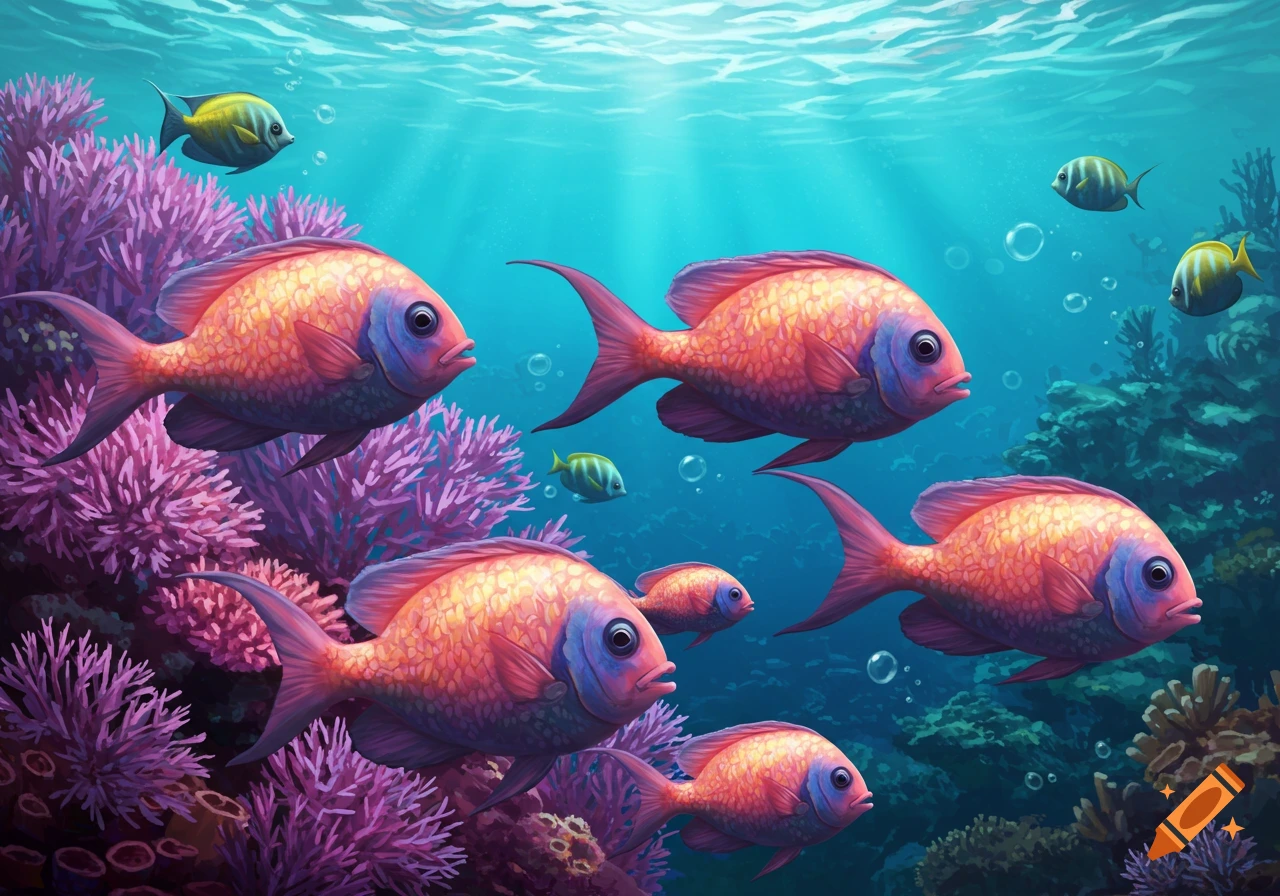 Several colorful fish swim among purple coral in clear blue water with sunlight filtering down.