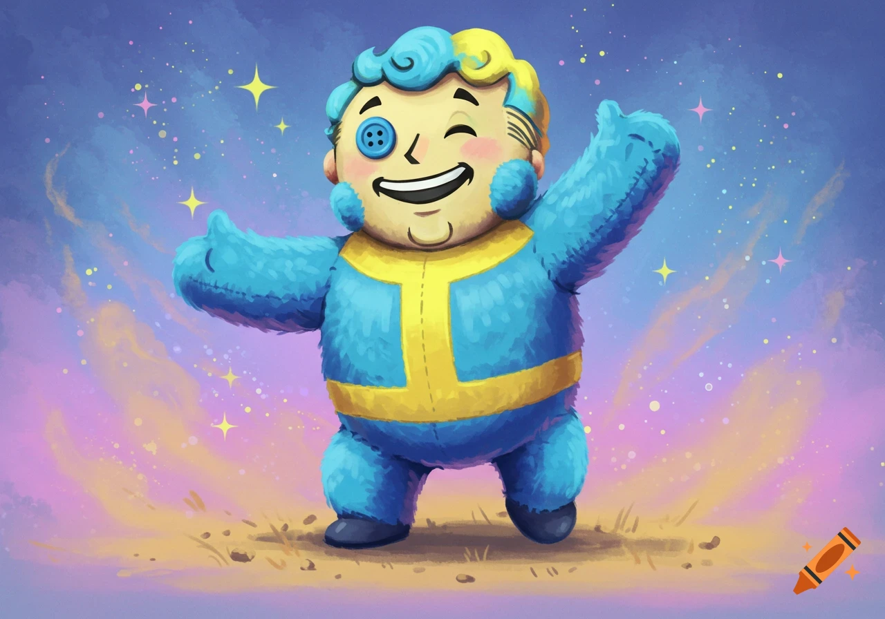 Painted illustration of a fluffy blue and yellow Vault Boy toy winking against a starry background.