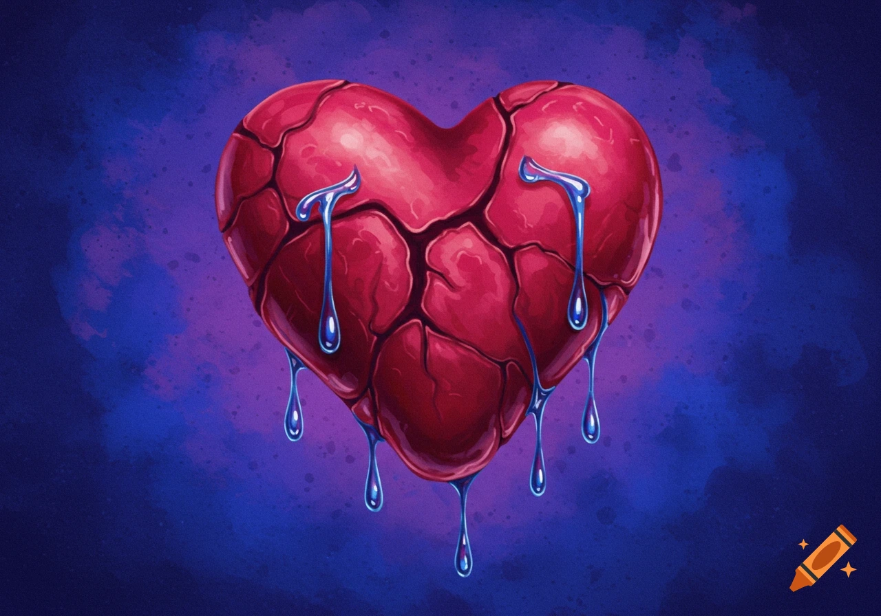 An illustration of a red, cracked heart weeping blue tears against a dark background.