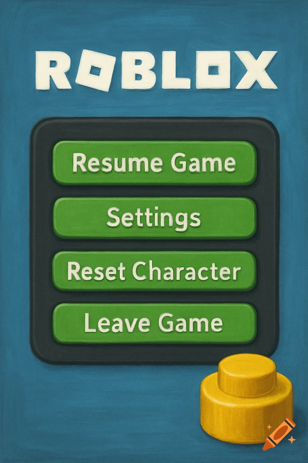 A Roblox video game pause menu with Resume, Settings, Reset Character, and Leave Game buttons, plus a yellow Lego stud.