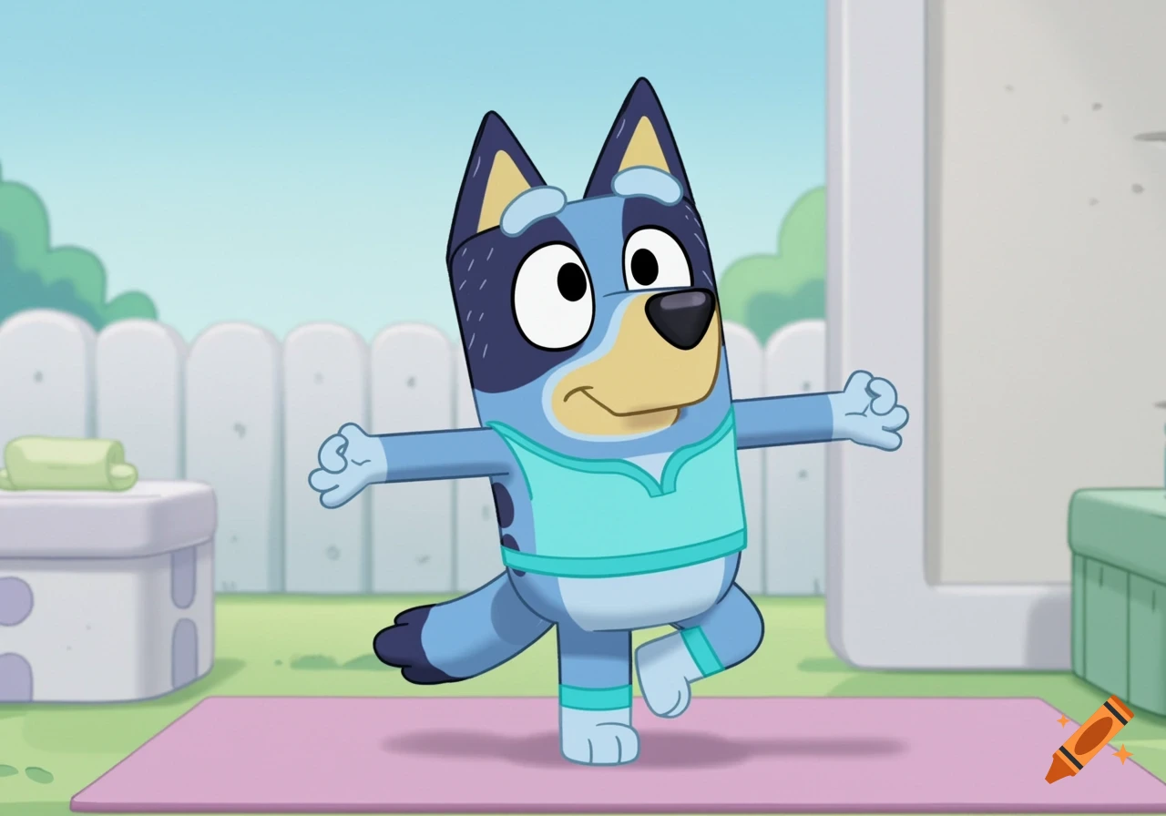 Animated cartoon of the character Bluey doing a tree pose on a pink yoga mat in a backyard.
