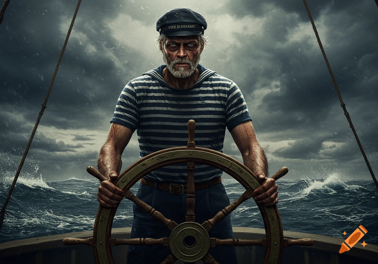Photorealistic portrait of an old sailor at the helm of a ship during a stormy sea