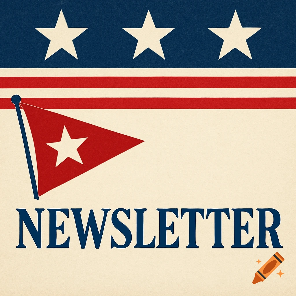 Patriotic newsletter header with stars, stripes, triangular flag, and text