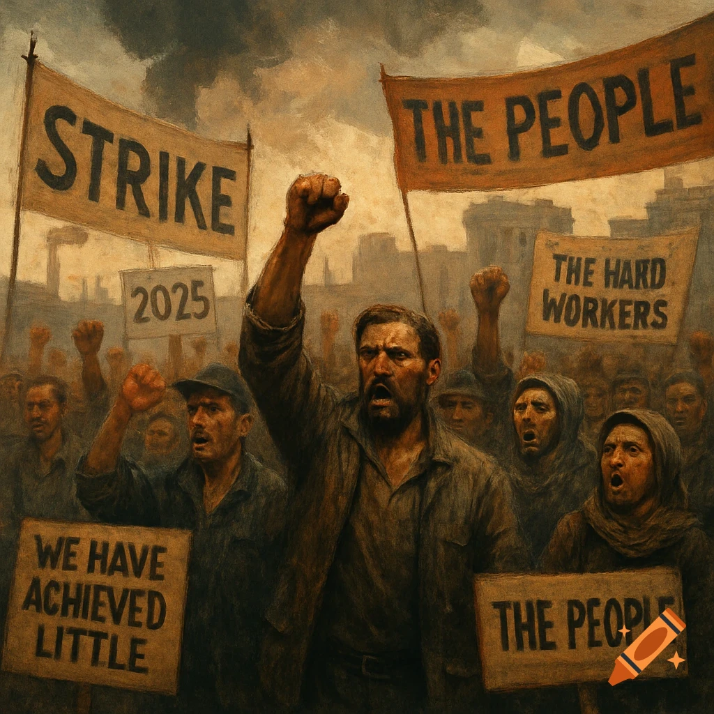 Painterly image of a crowd protesting, holding signs that read 'STRIKE ...