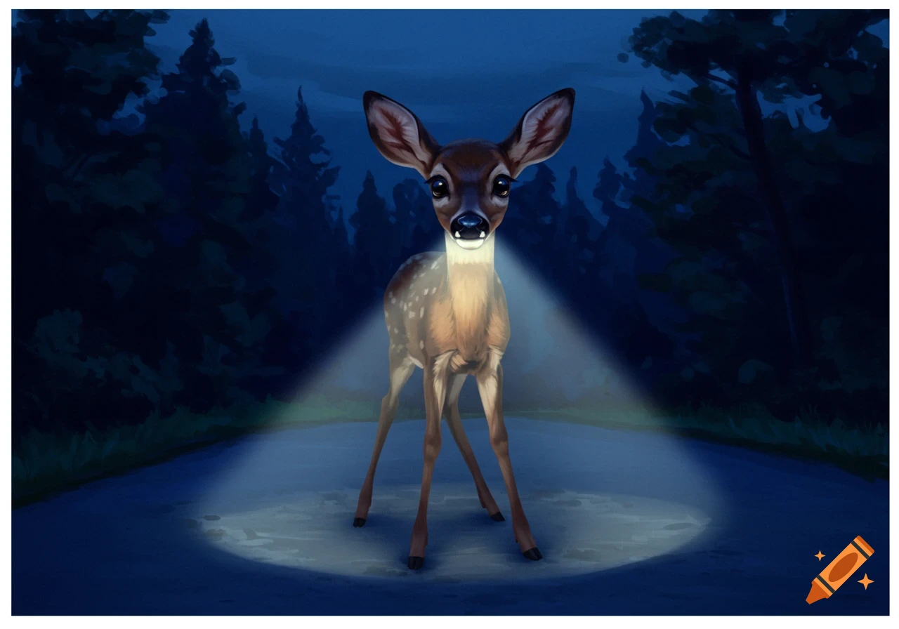 Illustration of a deer standing on a dark road illuminated by headlights in a forest.