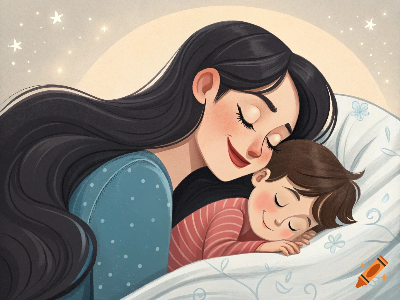 An illustration of a mother holding her sleeping child close in bed