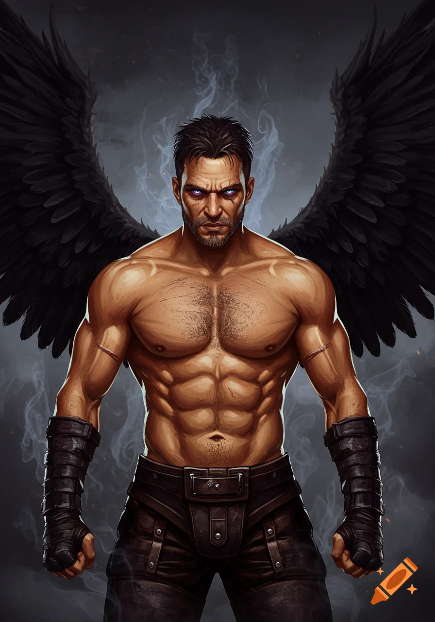 Muscular man with black wings and glowing blue eyes in leather gear against a smoky background.