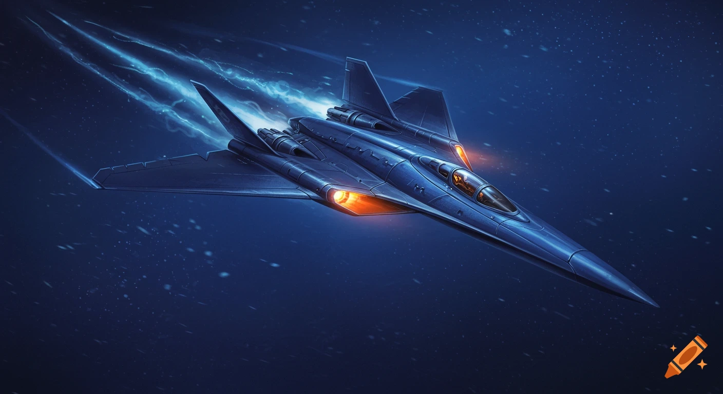 Futuristic blue jet flies through space leaving glowing trails