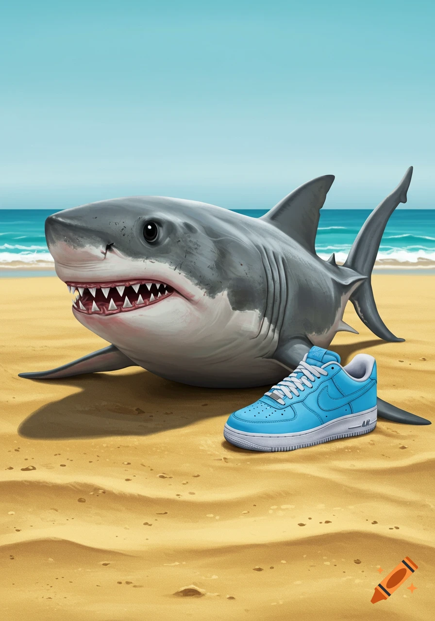 A cartoonish shark lies on a beach next to a blue and white Nike shoe.