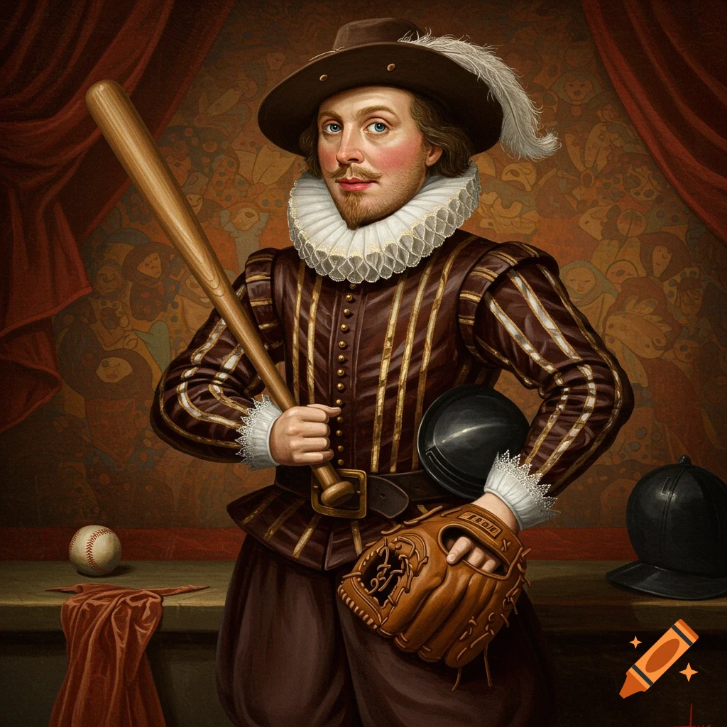 Renaissance portrait of a man like Shakespeare in historical clothing holding a baseball bat and baseball glove.