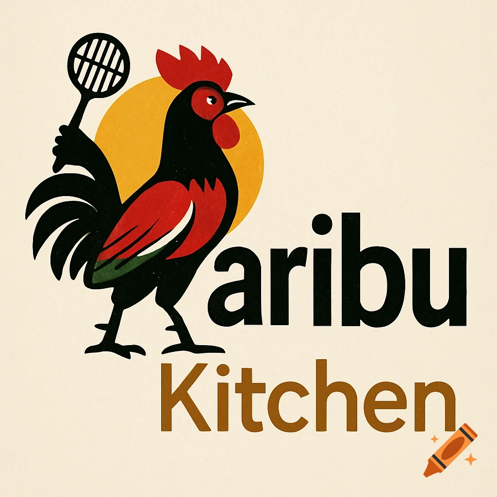 Logo with a stylized black and red rooster holding a spatula next to the text 'aribu Kitchen' on a cream background with a yellow circle.