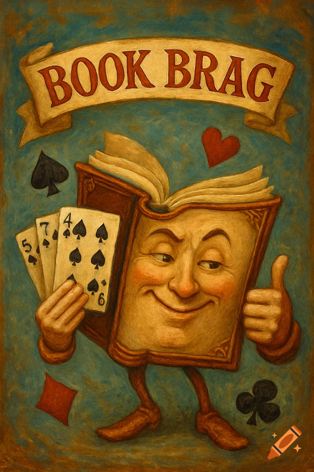 An illustration of an anthropomorphic book character holding playing cards and giving a thumbs up, with a banner above reading 'BOOK BRAG'.