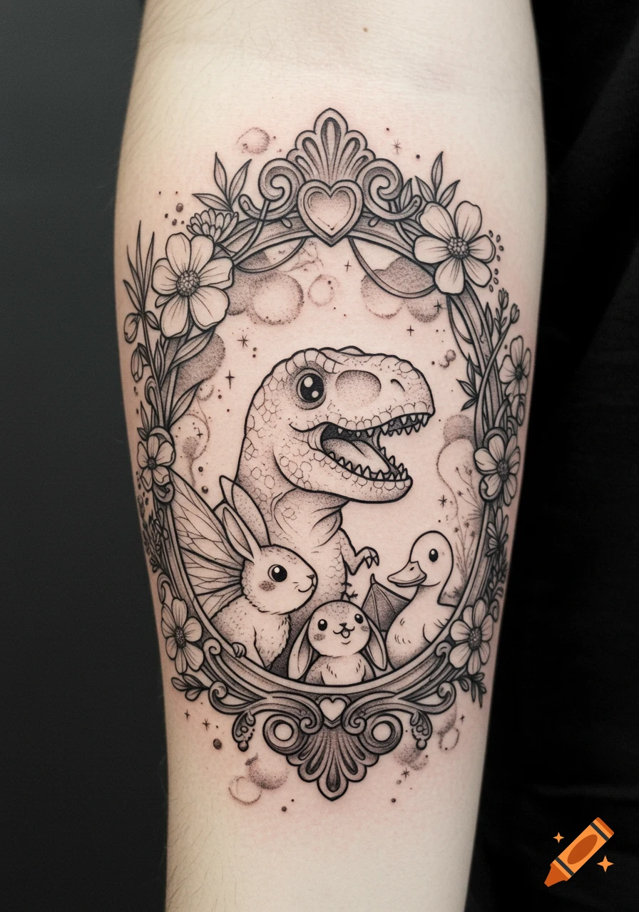 Black and grey tattoo of a T-rex, two bunnies, and a duck in an ornate floral frame on an arm.
