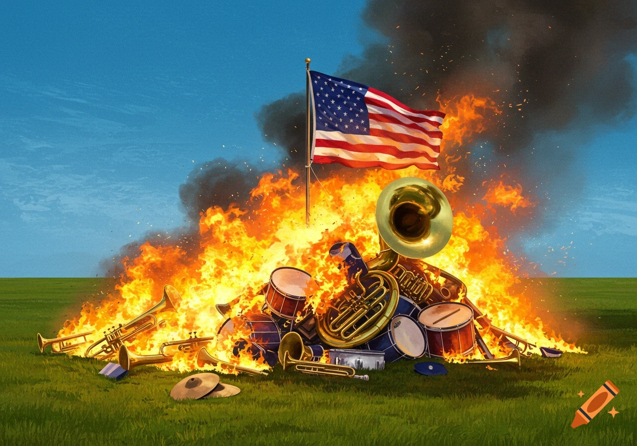 Pile of band instruments and a US flag burning in a field under a blue sky.
