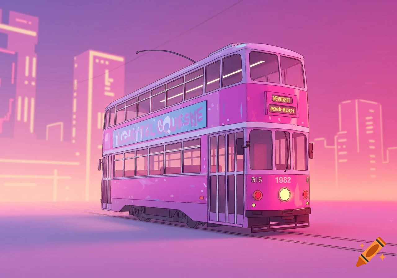 Pink double decker tram in a synthwave city setting.