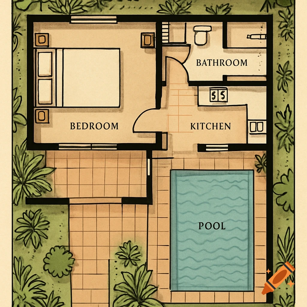 Illustrated floor plan of a villa showing a bedroom, bathroom, kitchen, and pool.