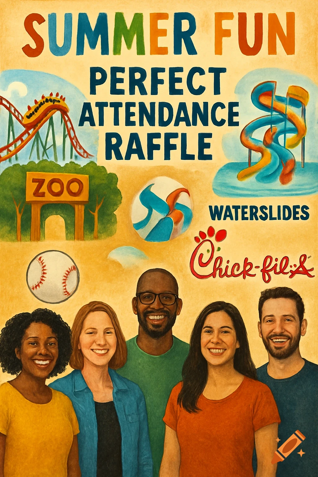 A flyer titled "Summer Fun Perfect Attendance Raffle" with illustrations of recreational activities, a Chick-fil-A logo, and diverse people.